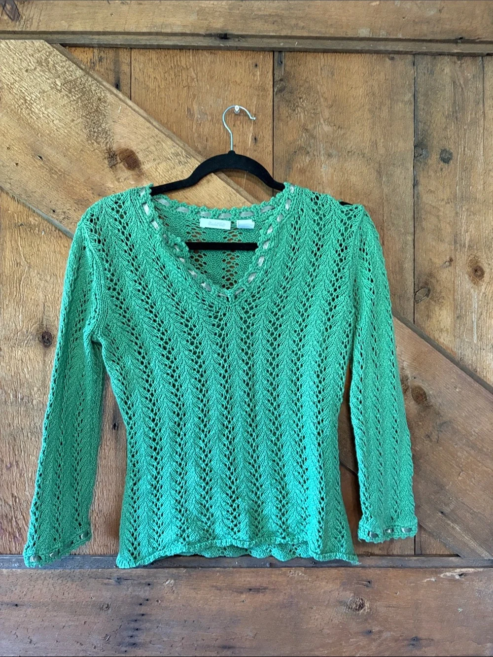 Marshall Fields Green Open Knit Ribbon Trim V-Neck Sweater Made in Italy Size M